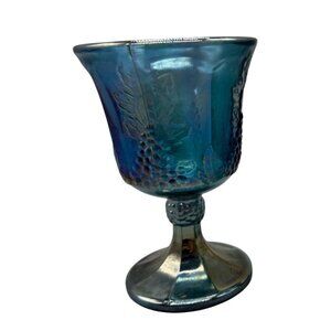 set of 2 Vintage Blue Carnival Glass Grape & Vine Goblets cups 5" tall READ